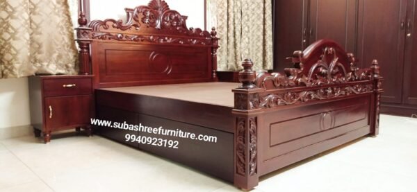 Teakwood cot king grand carving design with one side storage