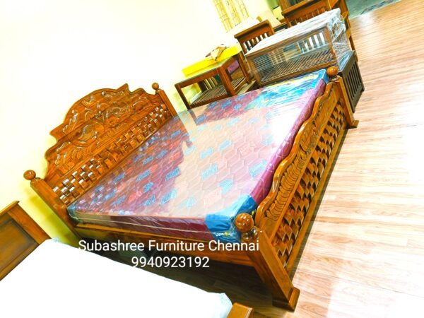 Teakwood king size swans carving design cot