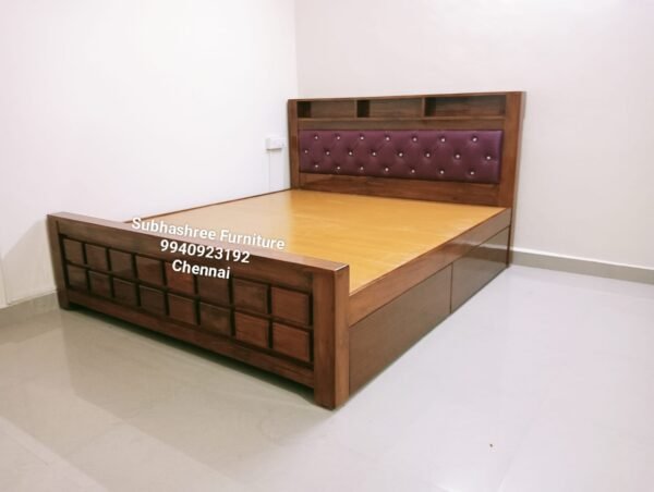 Queen size teak wood cot with storage and head board cushion